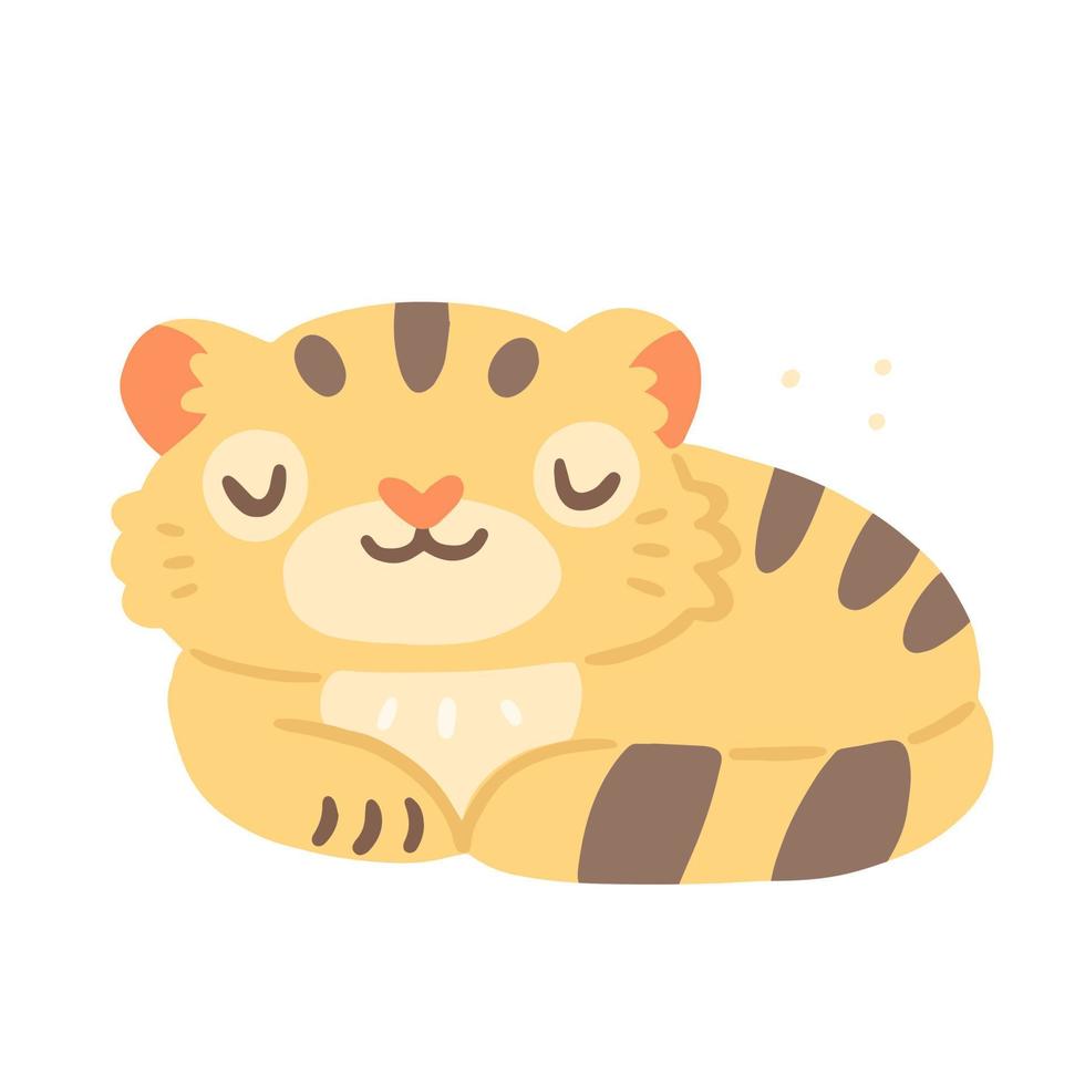 Cute character sleeping tiger cub in cartoon style. Vector illustration isolated on background.