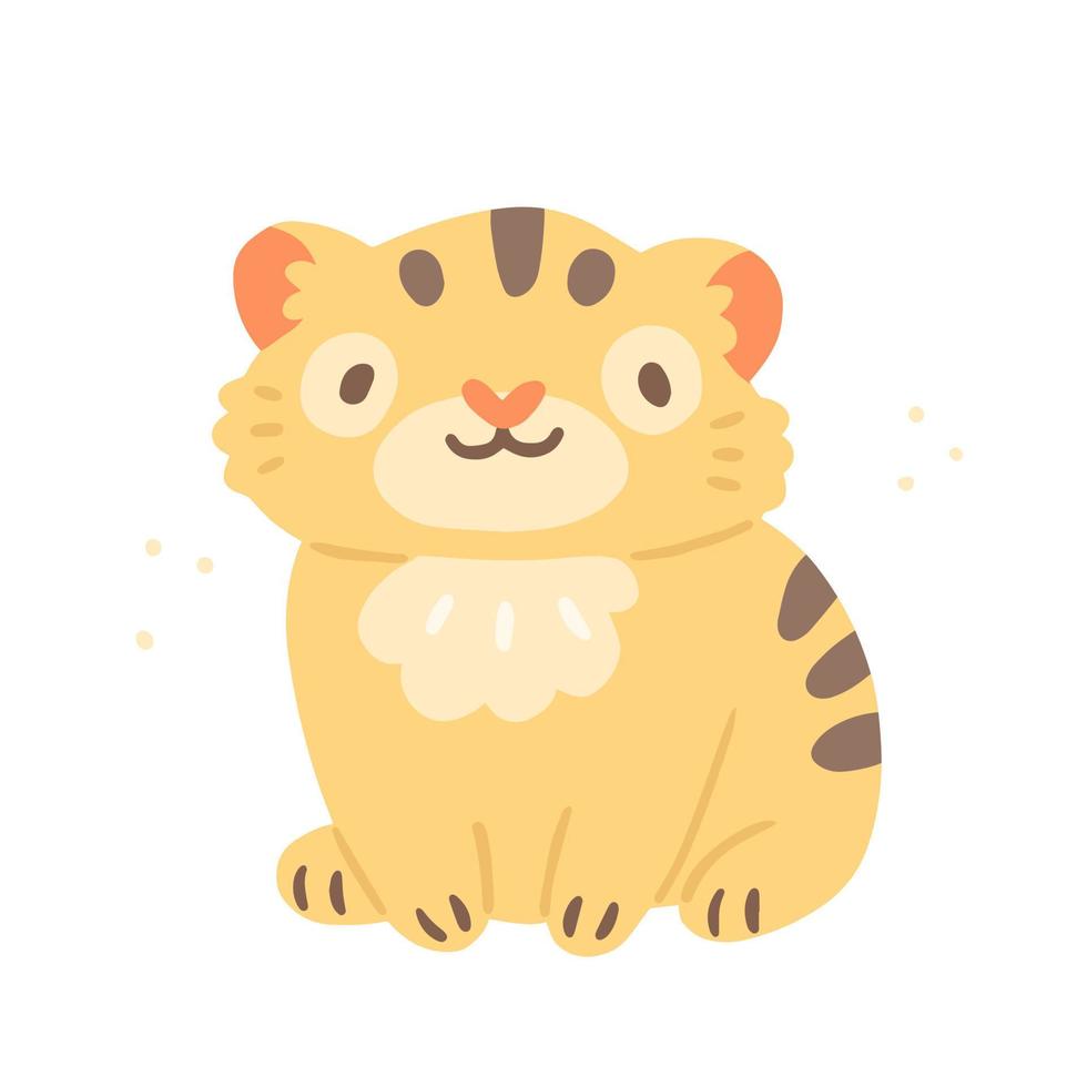 Cute character sitting tiger cub in cartoon style. Vector illustration isolated on background.