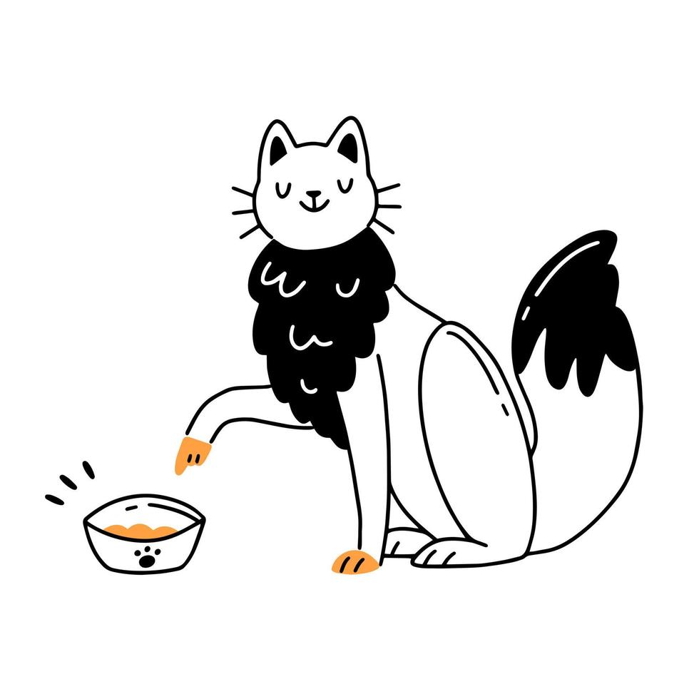 Funny cat points to a bowl of food. The domestic cat asks for food. Doodle style vector illustration isolated on background.
