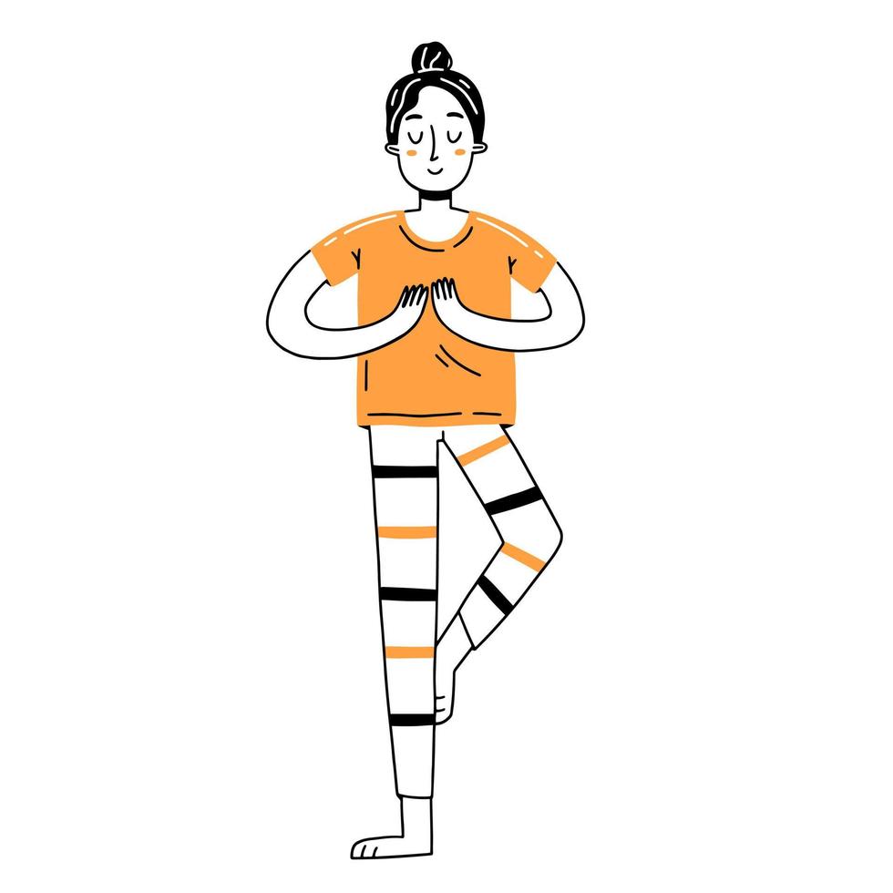 joven feliz se dedica al yoga. ilustración de vector con carácter en estilo de garabato lindo simple.