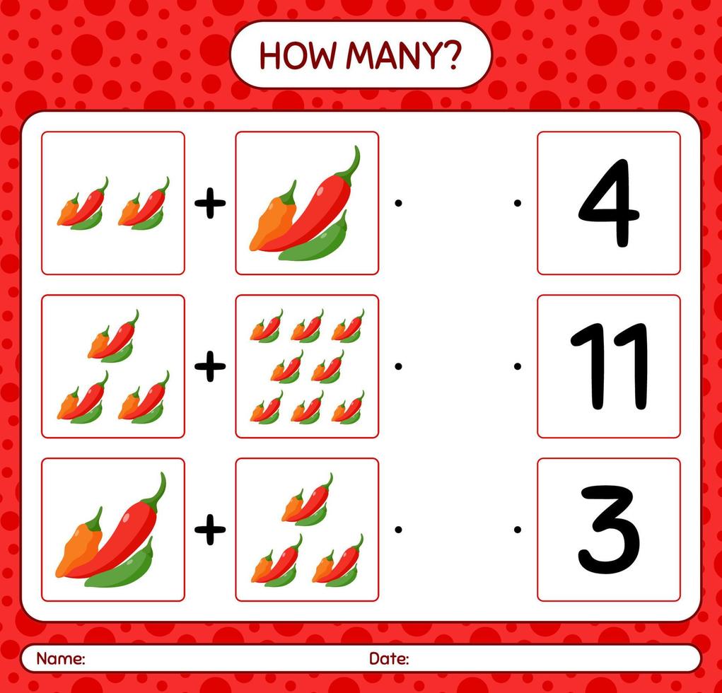 How many counting game with chili pepper. worksheet for preschool kids, kids activity sheet, printable worksheet vector