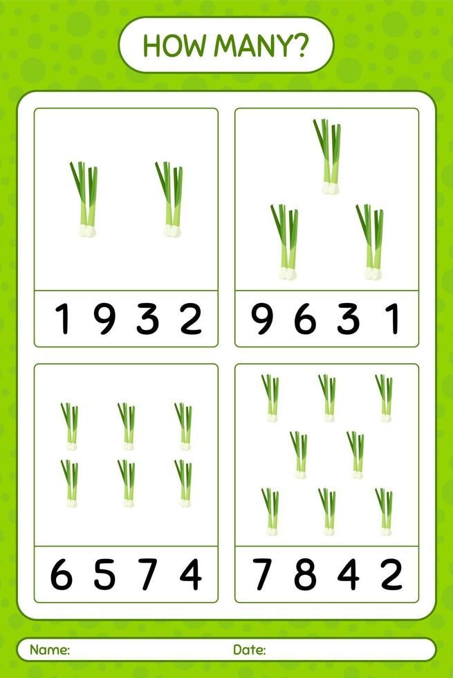 How many counting game with spring onion. worksheet for preschool kids, kids activity sheet, printable worksheet vector