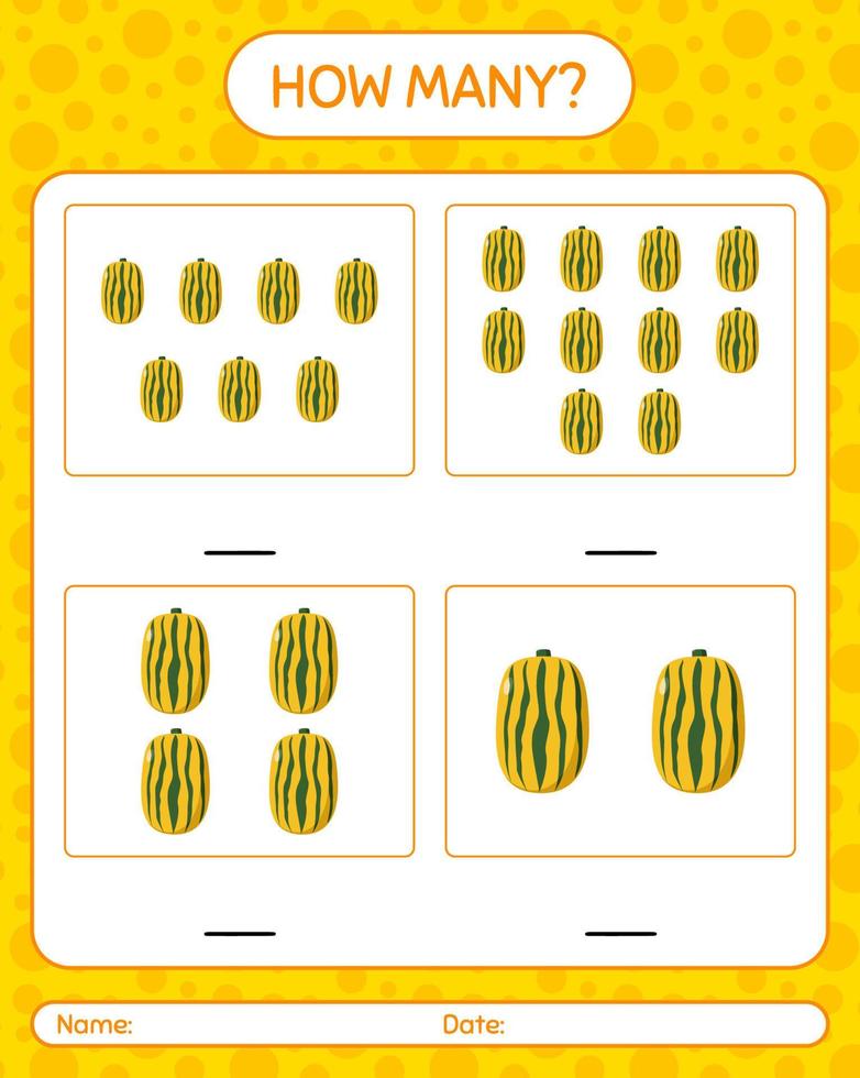 How many counting game with delicata squash. worksheet for preschool kids, kids activity sheet, printable worksheet vector