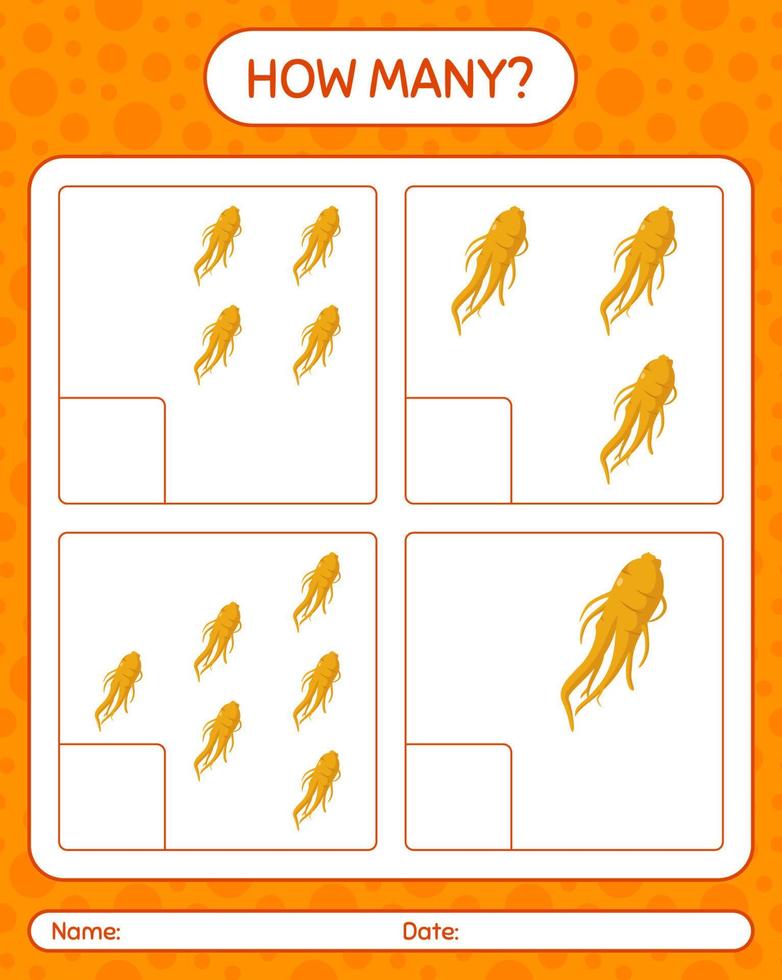 How many counting game with ginseng. worksheet for preschool kids, kids activity sheet, printable worksheet vector