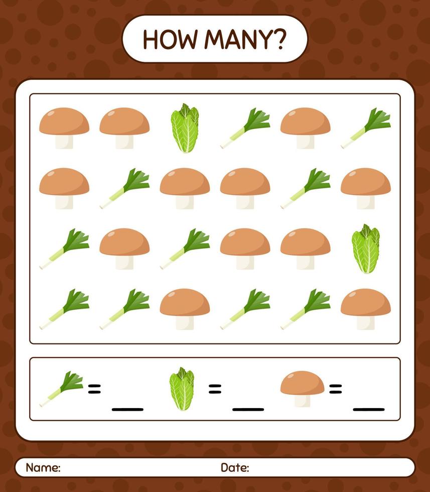 How many counting game with vegetables. worksheet for preschool kids, kids activity sheet, printable worksheet vector