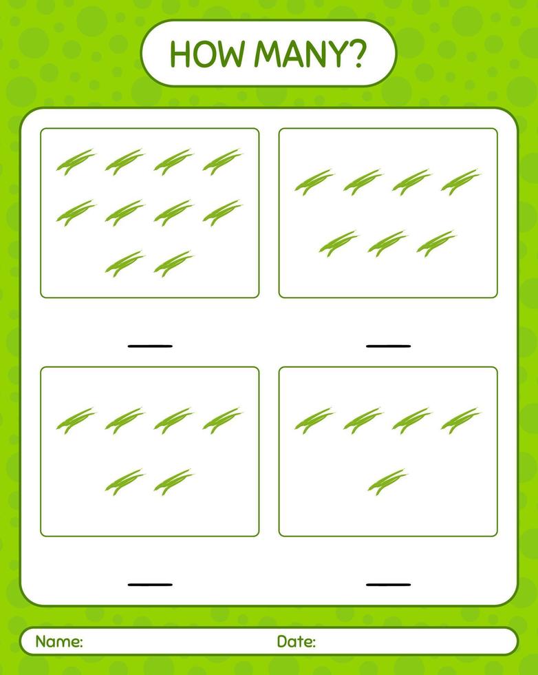 How many counting game with green bean. worksheet for preschool kids, kids activity sheet, printable worksheet vector