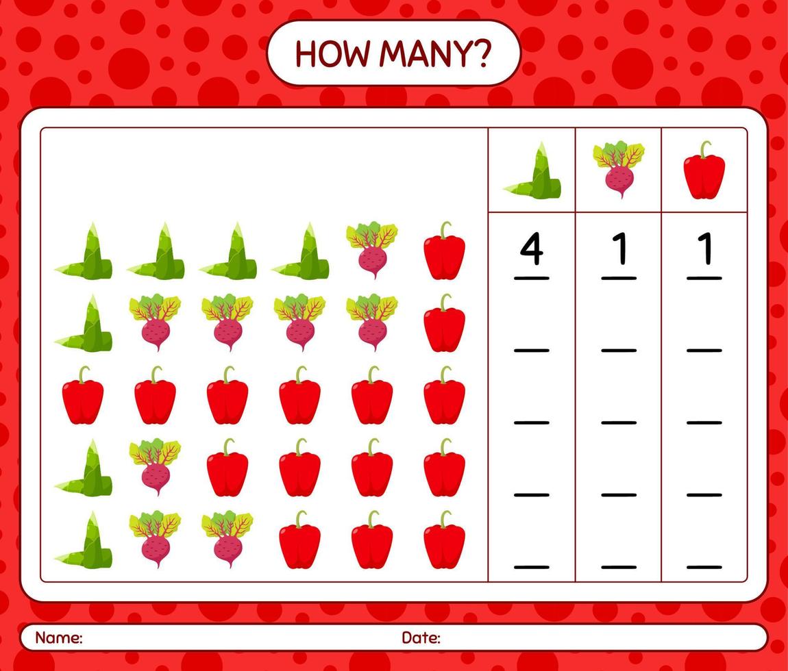 How many counting game with vegetables. worksheet for preschool kids, kids activity sheet, printable worksheet vector