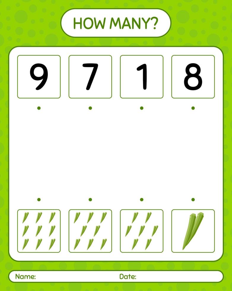 How many counting game with okra. worksheet for preschool kids, kids activity sheet, printable worksheet vector