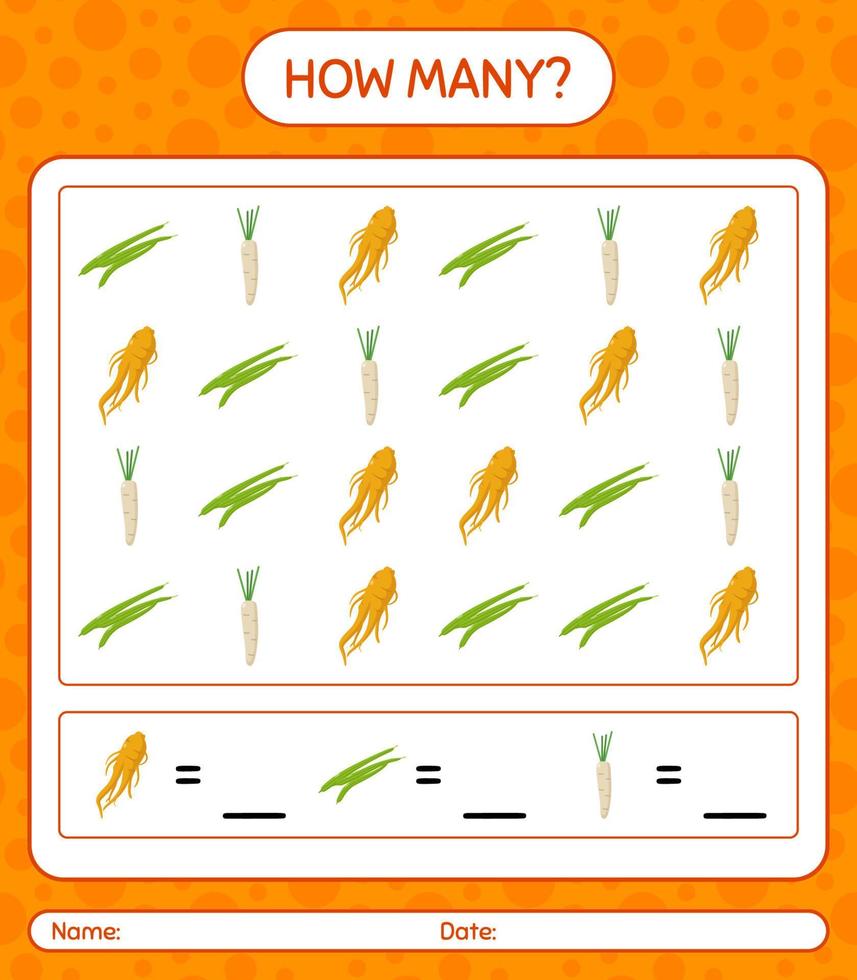 How many counting game with vegetables. worksheet for preschool kids, kids activity sheet, printable worksheet vector