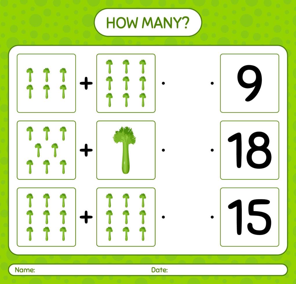 How many counting game with celery. worksheet for preschool kids, kids activity sheet, printable worksheet vector