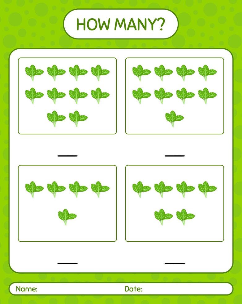 How many counting game with spinach. worksheet for preschool kids, kids activity sheet, printable worksheet vector