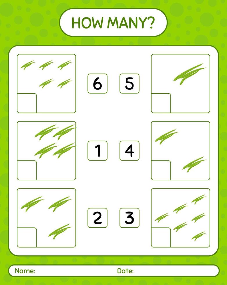How many counting game with green bean. worksheet for preschool kids, kids activity sheet, printable worksheet vector
