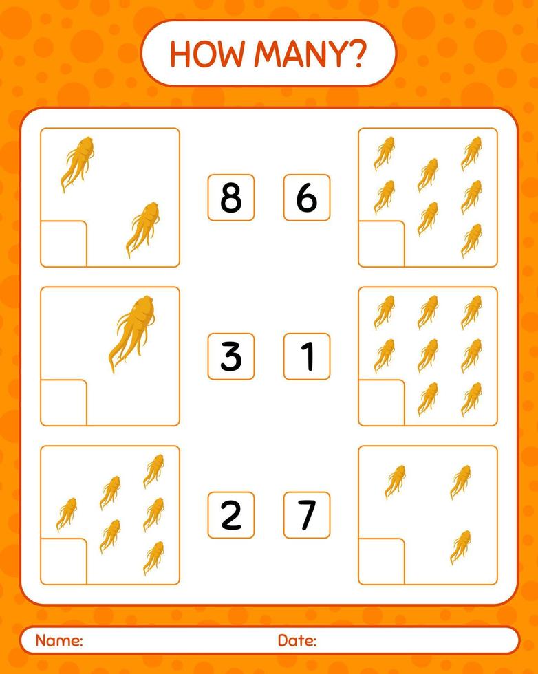 How many counting game with ginseng. worksheet for preschool kids, kids activity sheet, printable worksheet vector