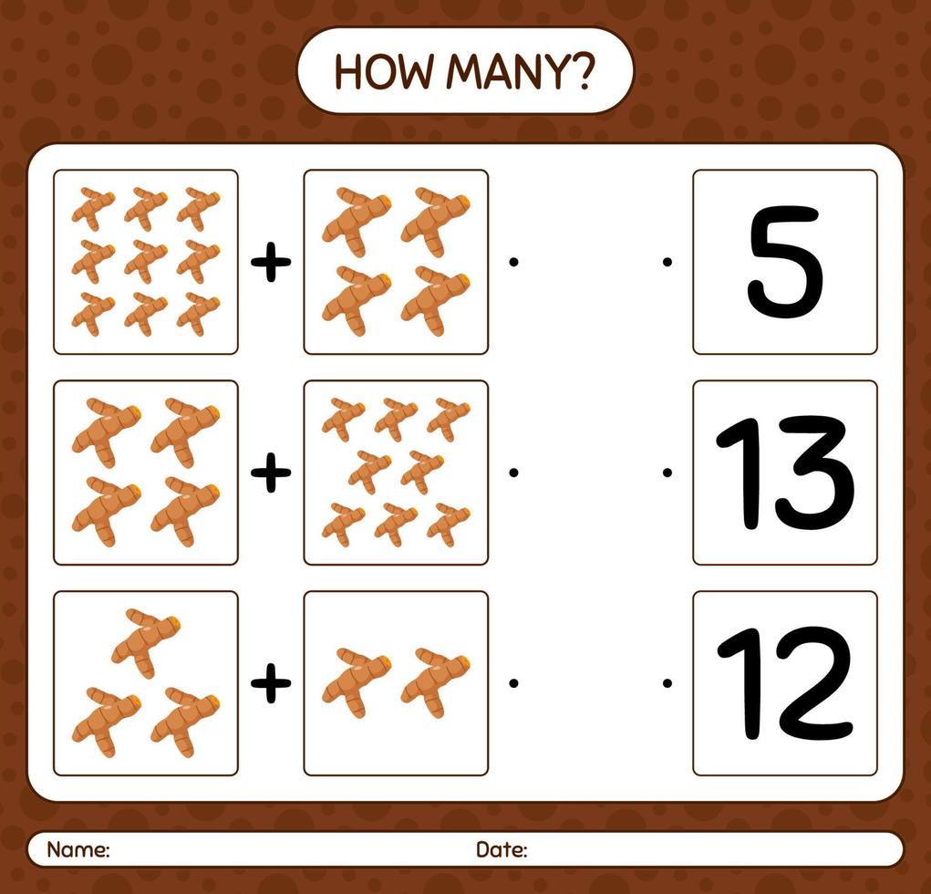 How many counting game with turmeric. worksheet for preschool kids, kids activity sheet, printable worksheet vector