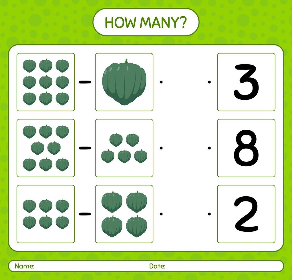 How many counting game with acorn squash. worksheet for preschool kids, kids activity sheet, printable worksheet vector