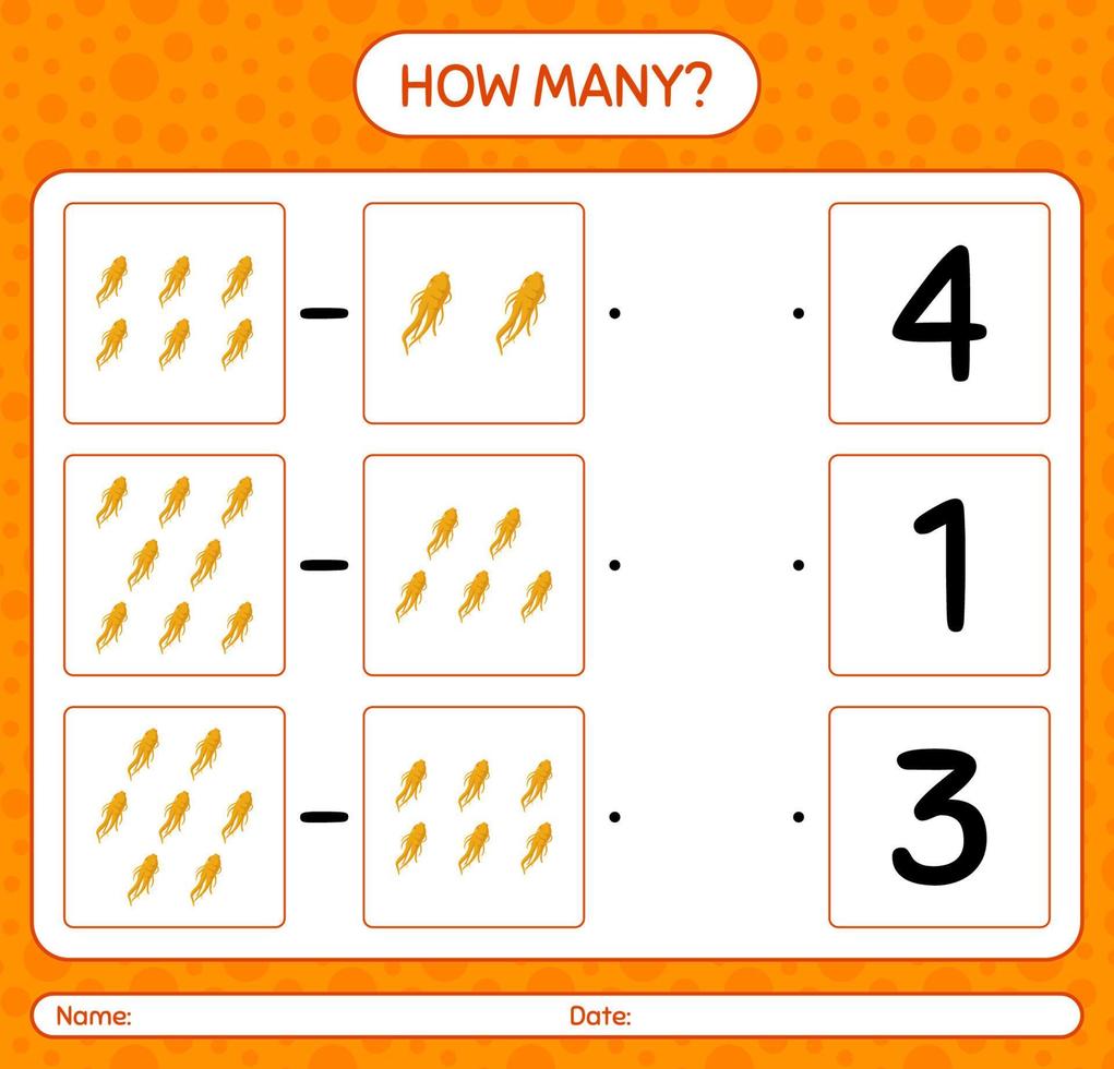 How many counting game with ginseng. worksheet for preschool kids, kids activity sheet, printable worksheet vector