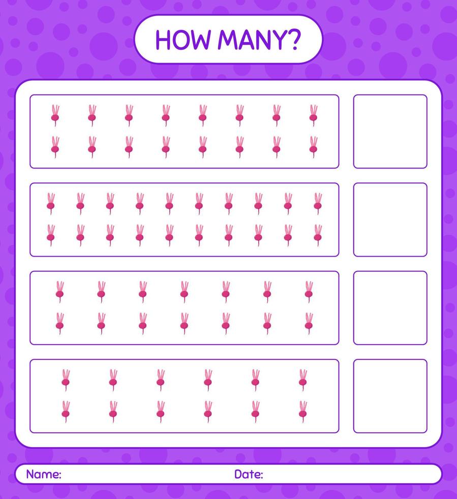 How many counting game with turnip. worksheet for preschool kids, kids activity sheet, printable worksheet vector