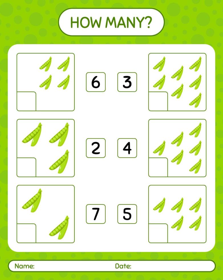 How many counting game with peas. worksheet for preschool kids, kids activity sheet, printable worksheet vector