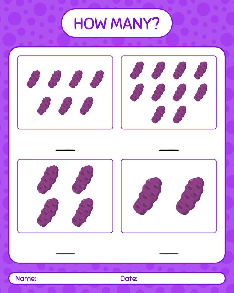 How many counting game with purple taewa. worksheet for preschool kids, kids activity sheet, printable worksheet vector