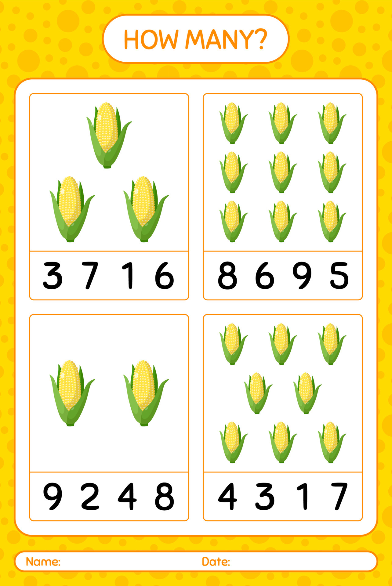 How many counting game with corn. worksheet for preschool kids, kids