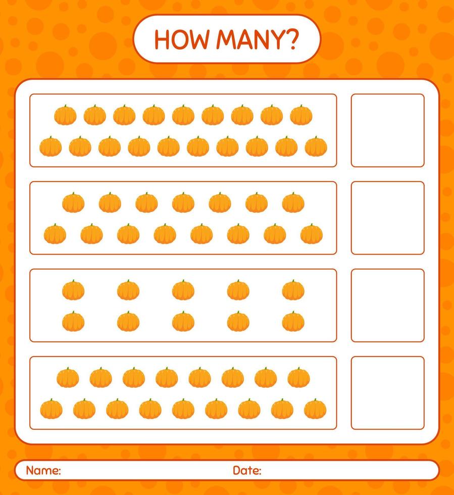 How many counting game with pumpkin. worksheet for preschool kids, kids activity sheet, printable worksheet vector