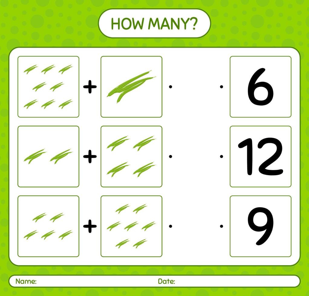 How many counting game with green bean. worksheet for preschool kids, kids activity sheet, printable worksheet vector