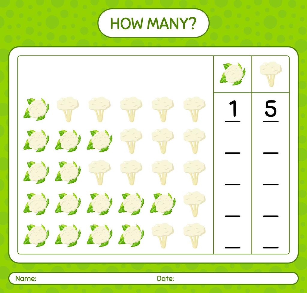 How many counting game with cauliflower. worksheet for preschool kids, kids activity sheet, printable worksheet vector