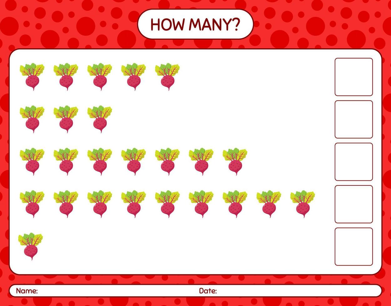 How many counting game with beet root. worksheet for preschool kids, kids activity sheet, printable worksheet vector