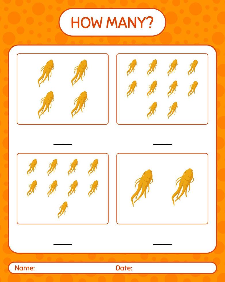 How many counting game with ginseng. worksheet for preschool kids, kids activity sheet, printable worksheet vector