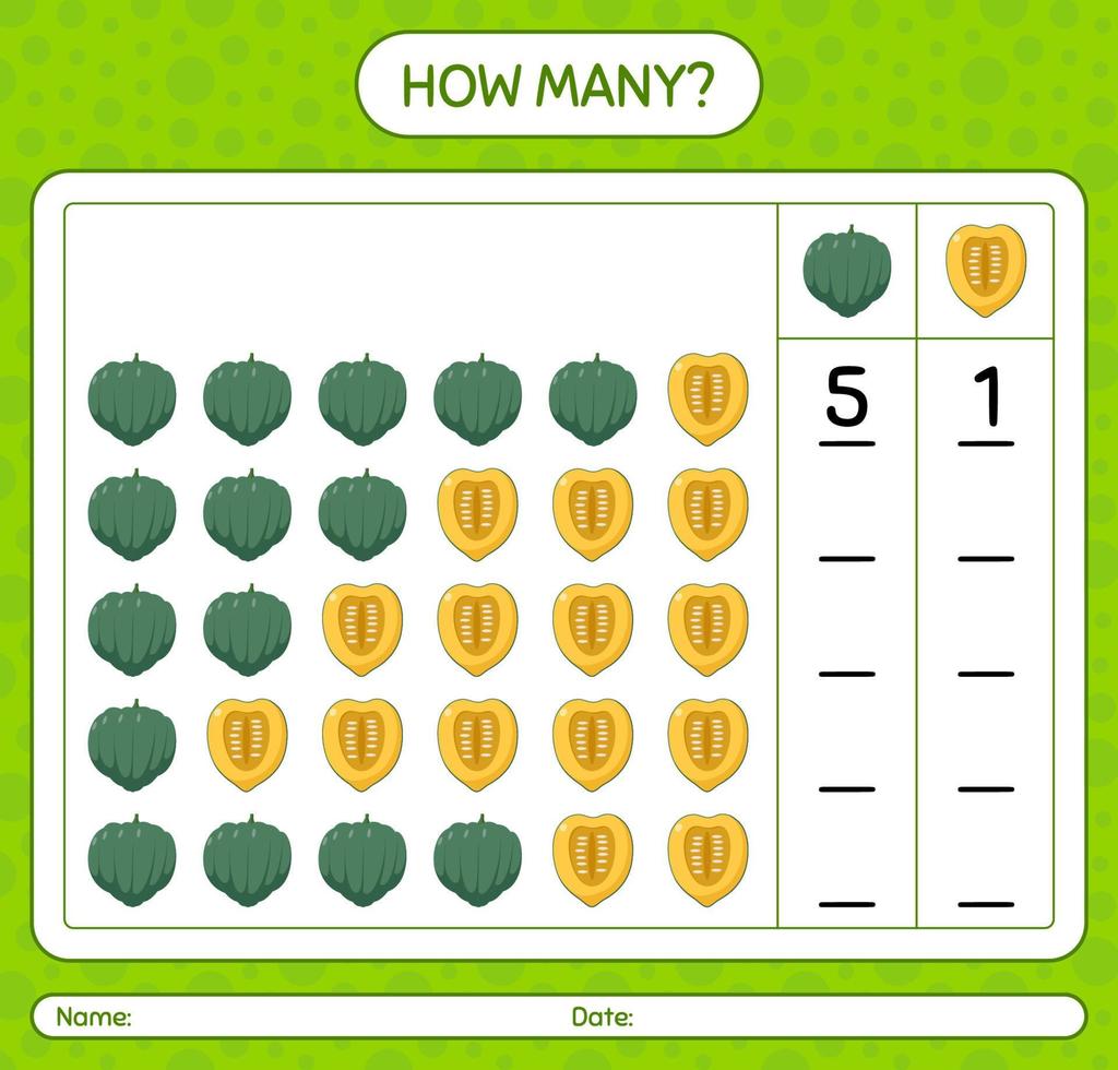 How many counting game with acorn squash. worksheet for preschool kids, kids activity sheet, printable worksheet vector