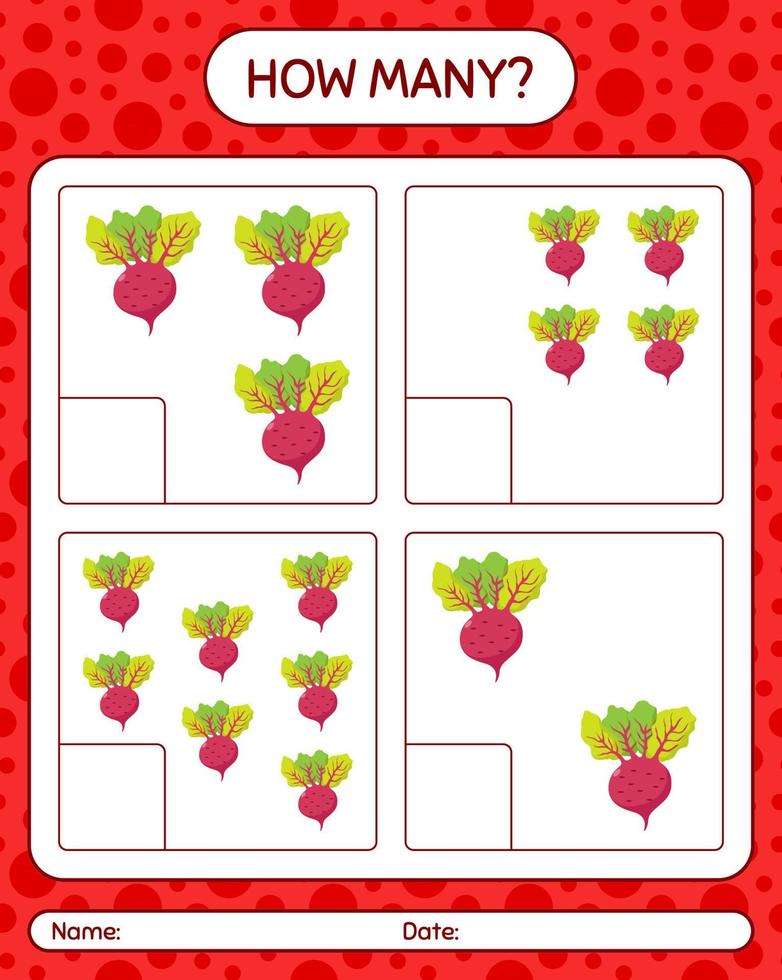 How many counting game with beet root. worksheet for preschool kids, kids activity sheet, printable worksheet vector