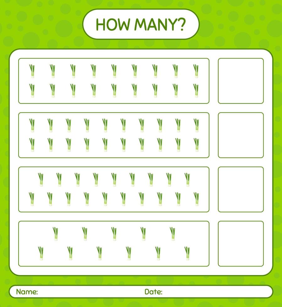 How many counting game with spring onion. worksheet for preschool kids, kids activity sheet, printable worksheet vector