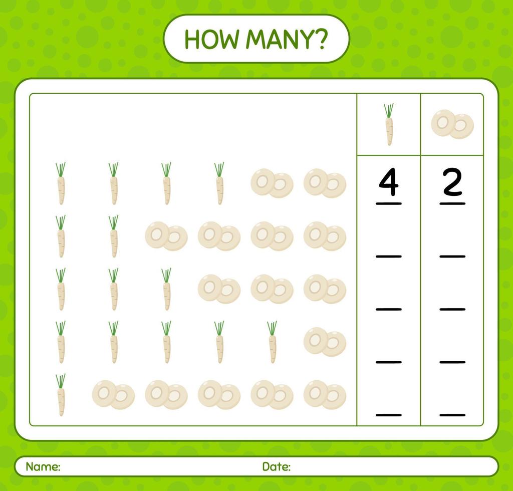 How many counting game with hamburg parsley. worksheet for preschool kids, kids activity sheet, printable worksheet vector