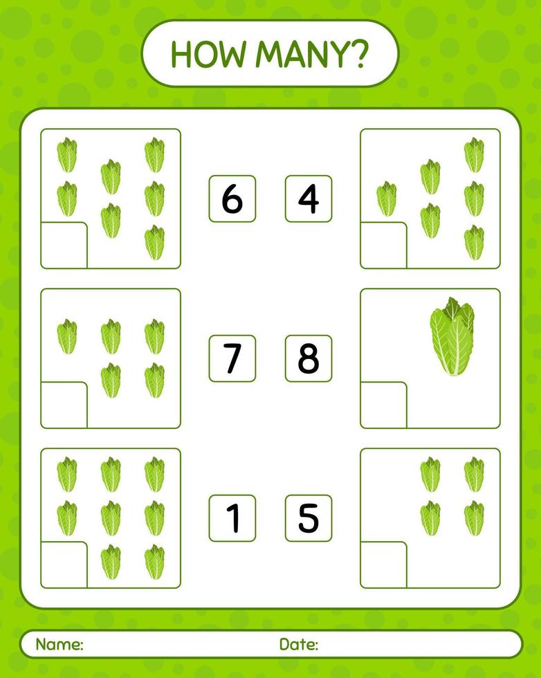 How many counting game with lettuce. worksheet for preschool kids, kids activity sheet, printable worksheet vector