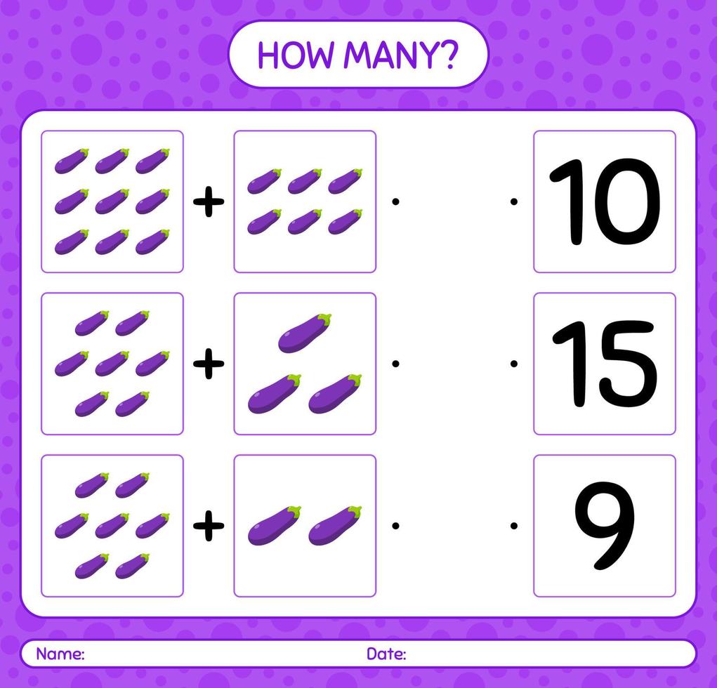 How many counting game with eggplant. worksheet for preschool kids, kids activity sheet, printable worksheet vector