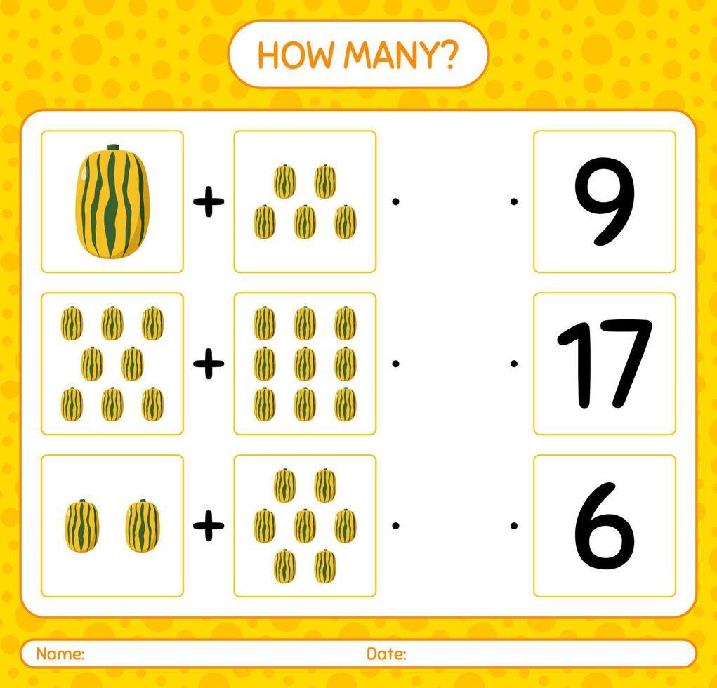 How many counting game with delicata squash. worksheet for preschool kids, kids activity sheet, printable worksheet vector