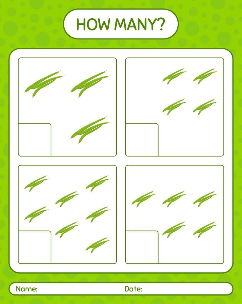 How many counting game with green bean. worksheet for preschool kids, kids activity sheet, printable worksheet vector