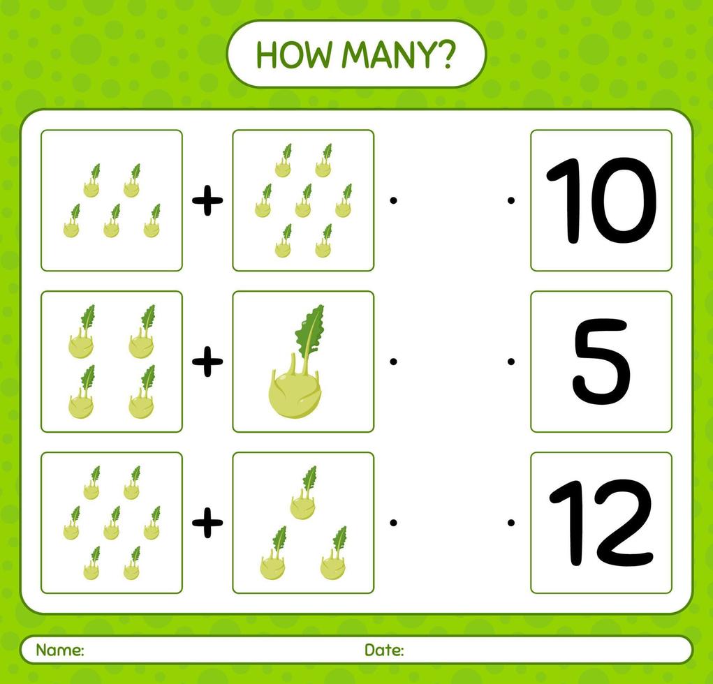 How many counting game with kohlrabi. worksheet for preschool kids, kids activity sheet, printable worksheet vector