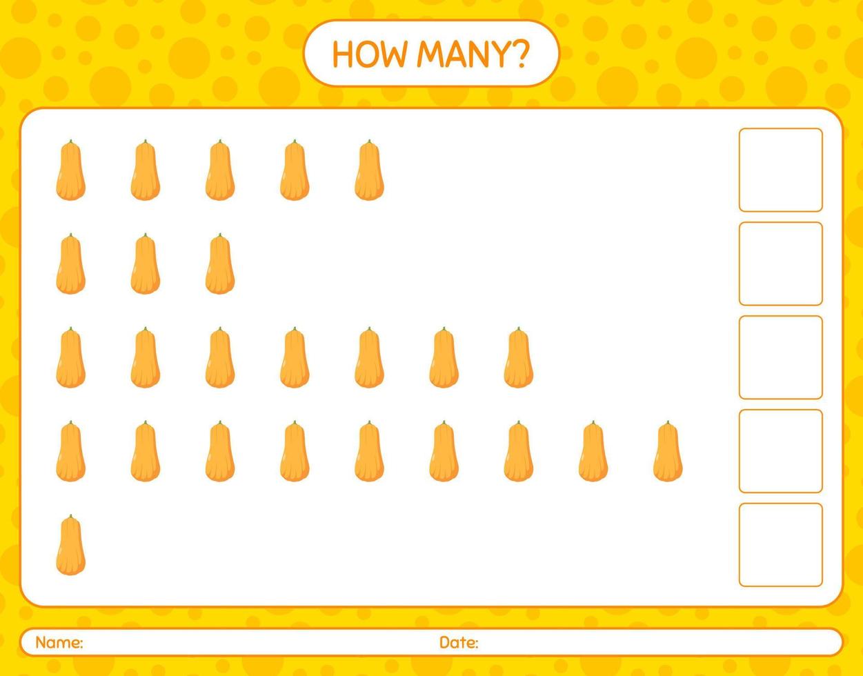 How many counting game with squash. worksheet for preschool kids, kids activity sheet, printable worksheet vector