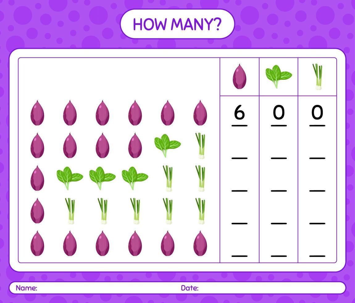 How many counting game with vegetables. worksheet for preschool kids, kids activity sheet, printable worksheet vector