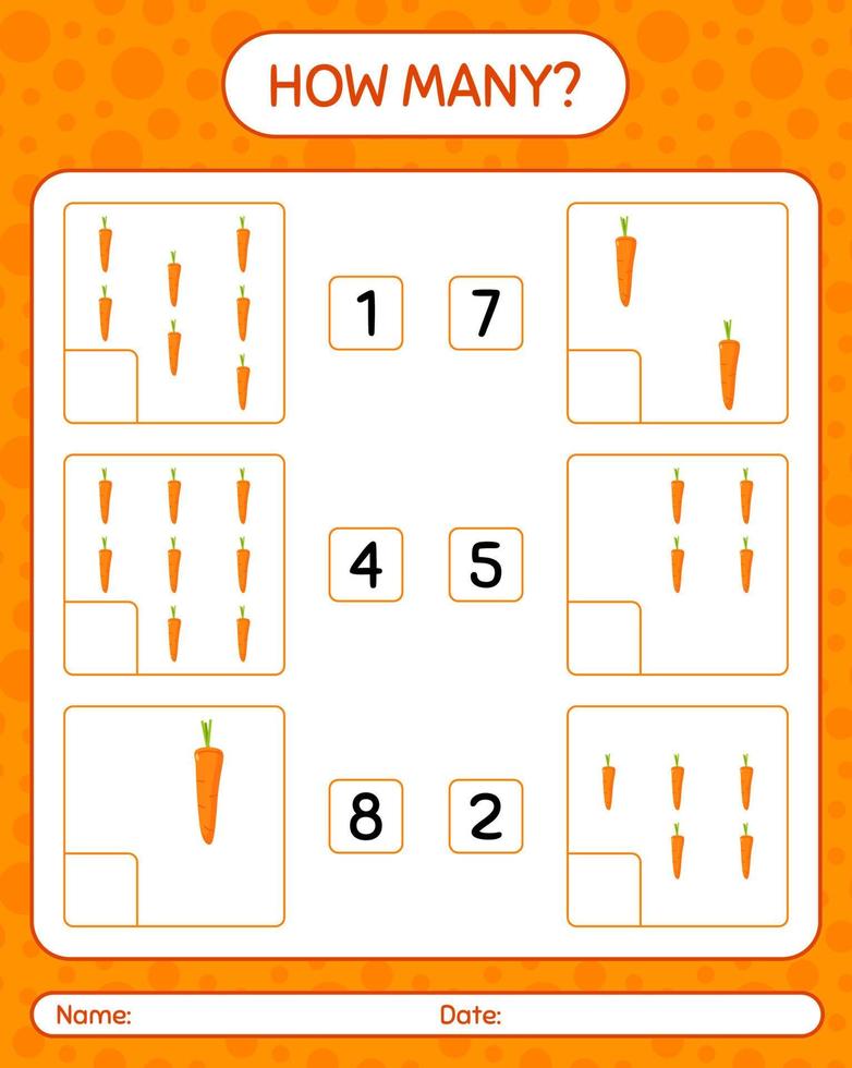 How many counting game with carrot. worksheet for preschool kids, kids activity sheet, printable worksheet vector