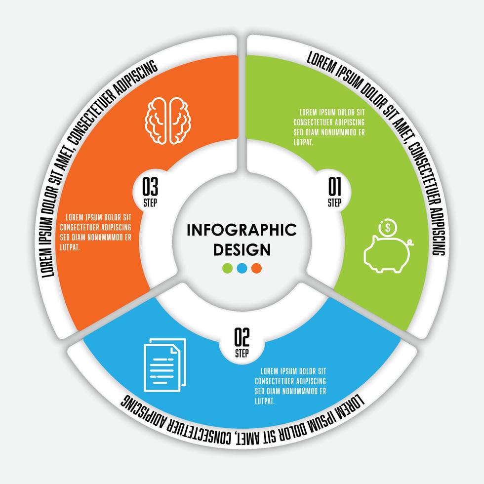 plantilla de infografía de gráfico de círculo vectorial para preestablecimiento con concepto de negocio 3 pasos. vector