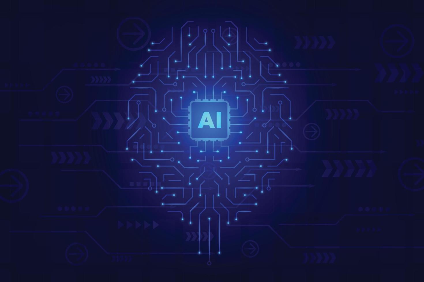 Vector circuit board human brain. Concept of artificial intellingence. Technology abstract blue background.