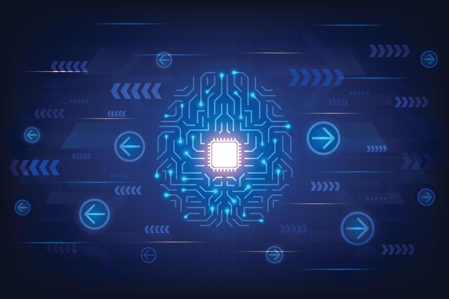 cerebro humano de placa de circuito vectorial con centro de cpu de concepto de sistema informático. fondo azul abstracto de tecnología. vector
