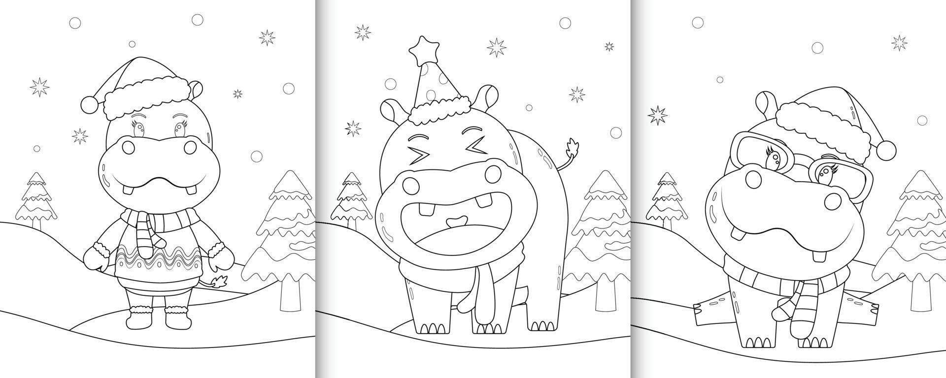 Libro para colorear con lindos personajes navideños de hipopótamos vector