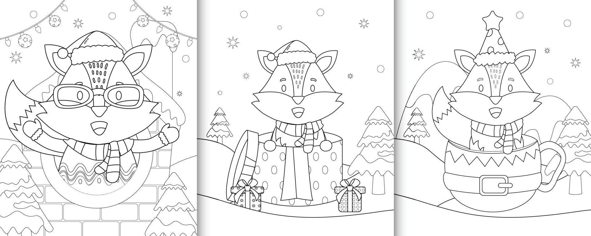 coloring book with cute fox christmas characters vector