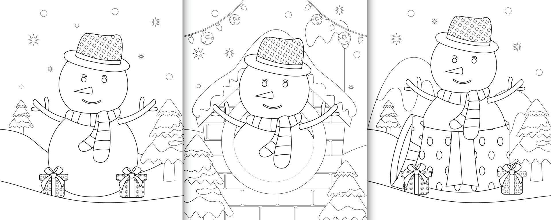 libro para colorear con lindos personajes navideños de muñecos de nieve vector