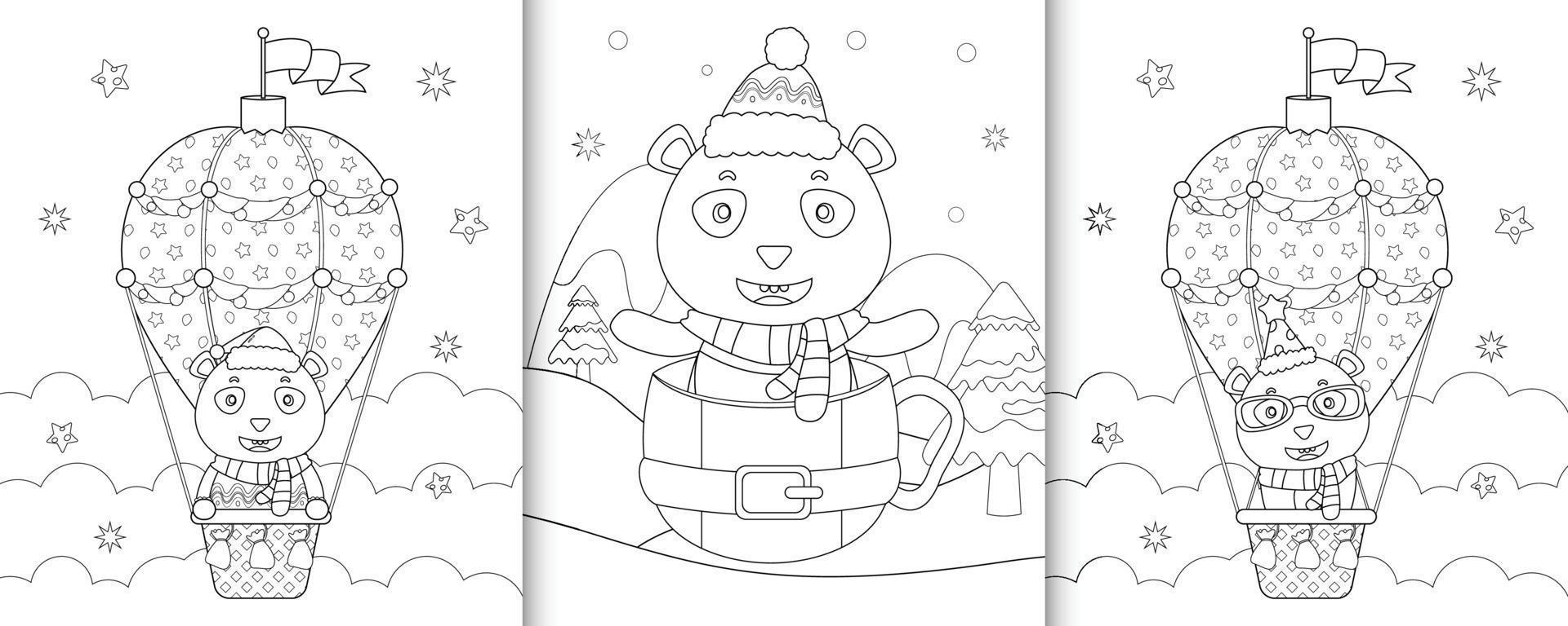 coloring book with cute panda christmas characters vector