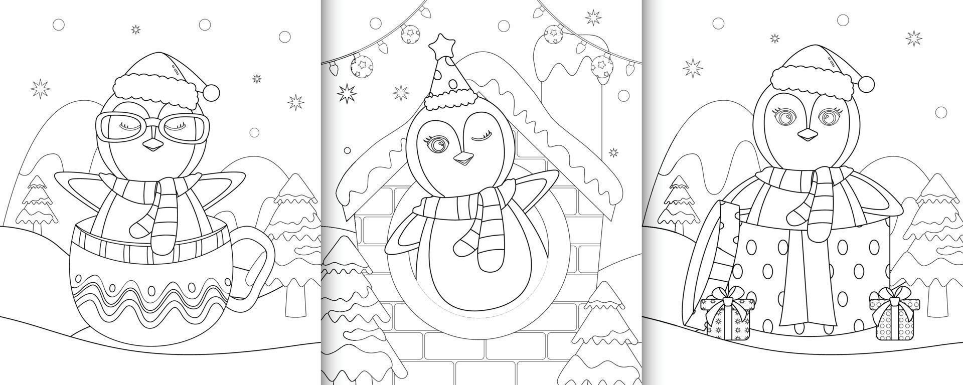 coloring book with cute penguin christmas characters vector