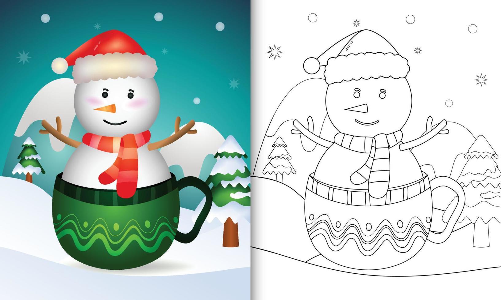 coloring book with a cute snowman christmas characters with a santa hat and scarf in the cup vector